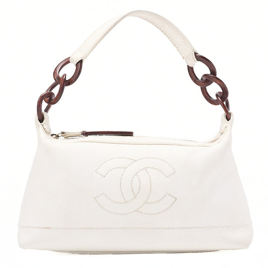 CHANEL Coco Mark Wood Pattern with Charm One Shoulder Bag Caviar Skin White Gold-Tone Hardware, Pre-Owned