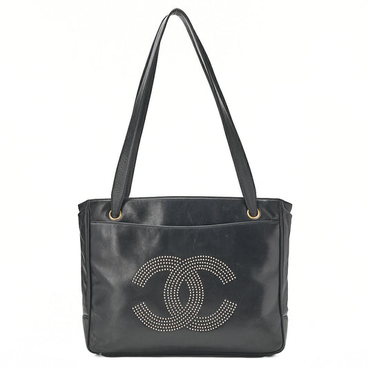 CHANEL Big Coco Mark Studded Tote Bag Lambskin Black Gold-Tone Hardware, Pre-Owned