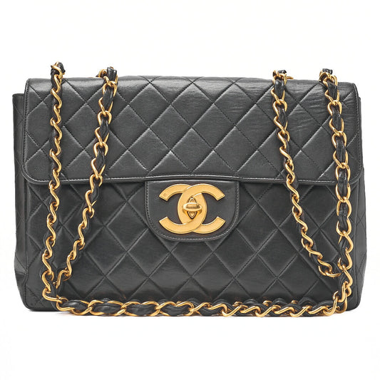 CHANEL Chain Shoulder Bag Coco Mark Deca Matelasse 30cm Single Flap Lambskin Black Gold-Tone Hardware, Pre-Owned