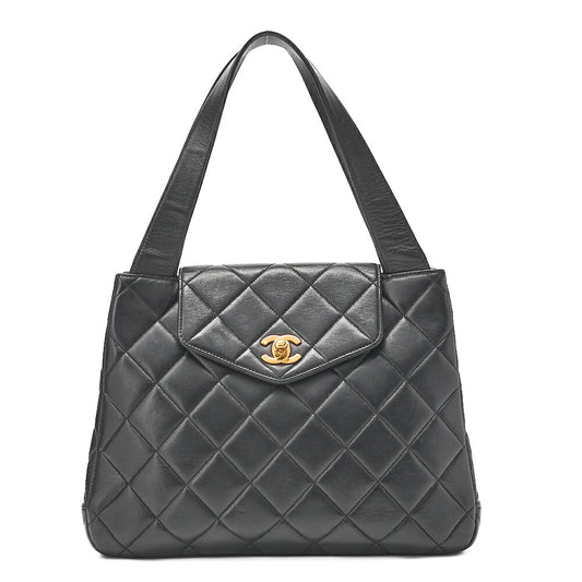 CHANEL Handbag Matelasse Turnlock V-Flap Lambskin Black Gold-Tone Hardware, Pre-Owned