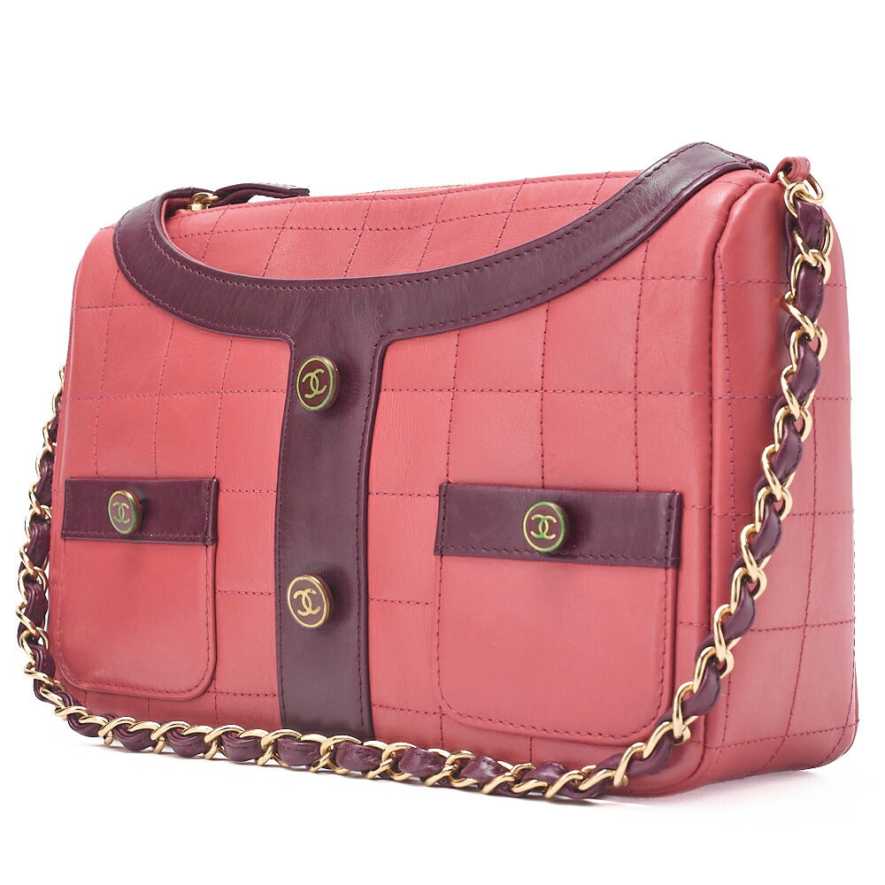 CHANEL ショルダーバッグ ガールシャネル チョコバー ラムスキン ピンクxブラック ゴールド金具 中古