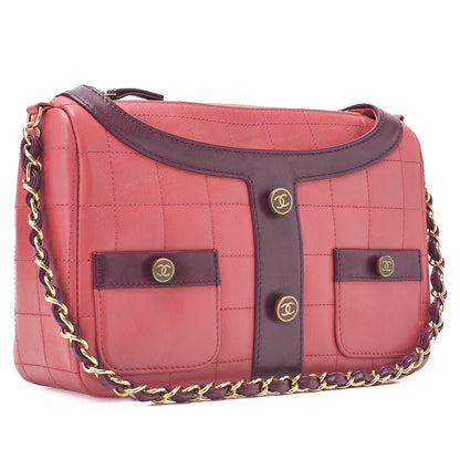 CHANEL ショルダーバッグ ガールシャネル チョコバー ラムスキン ピンクxブラック ゴールド金具 中古