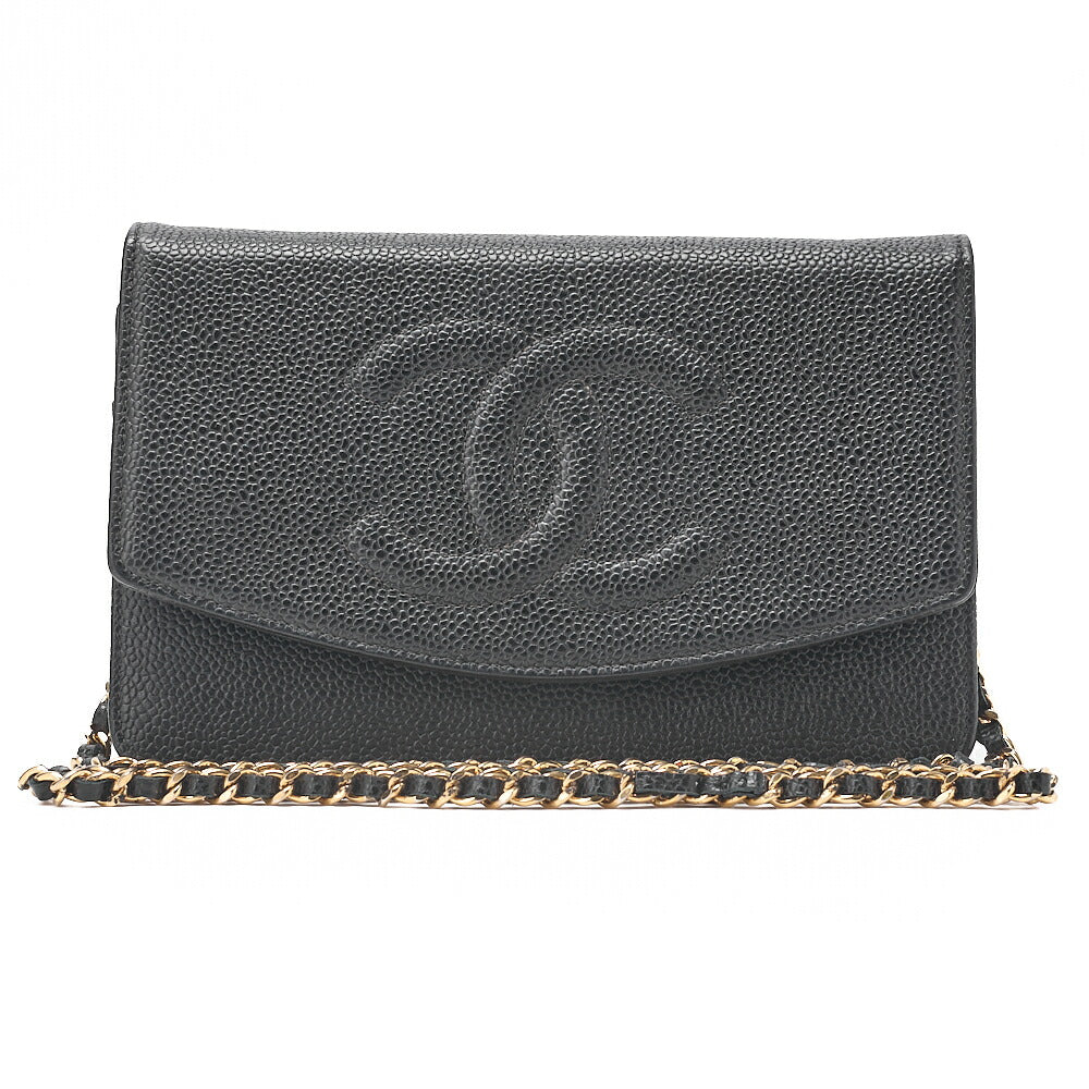 CHANEL チェーンショルダーバッグ ココマーク チェーンウォレット キャビアスキン 黒 ゴールド金具 中古品