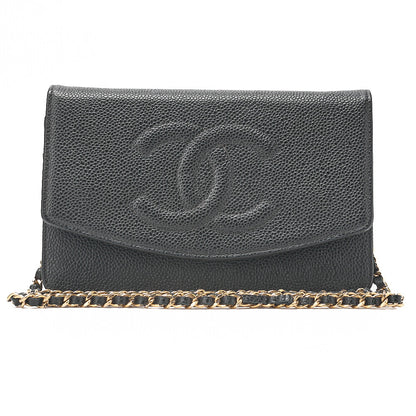 CHANEL チェーンショルダーバッグ ココマーク チェーンウォレット キャビアスキン 黒 ゴールド金具 中古品