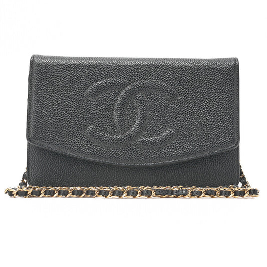 CHANEL Chain Shoulder Bag Cocomark Chain Wallet Caviar Skin Black Gold-Tone Hardware, Pre-Owned