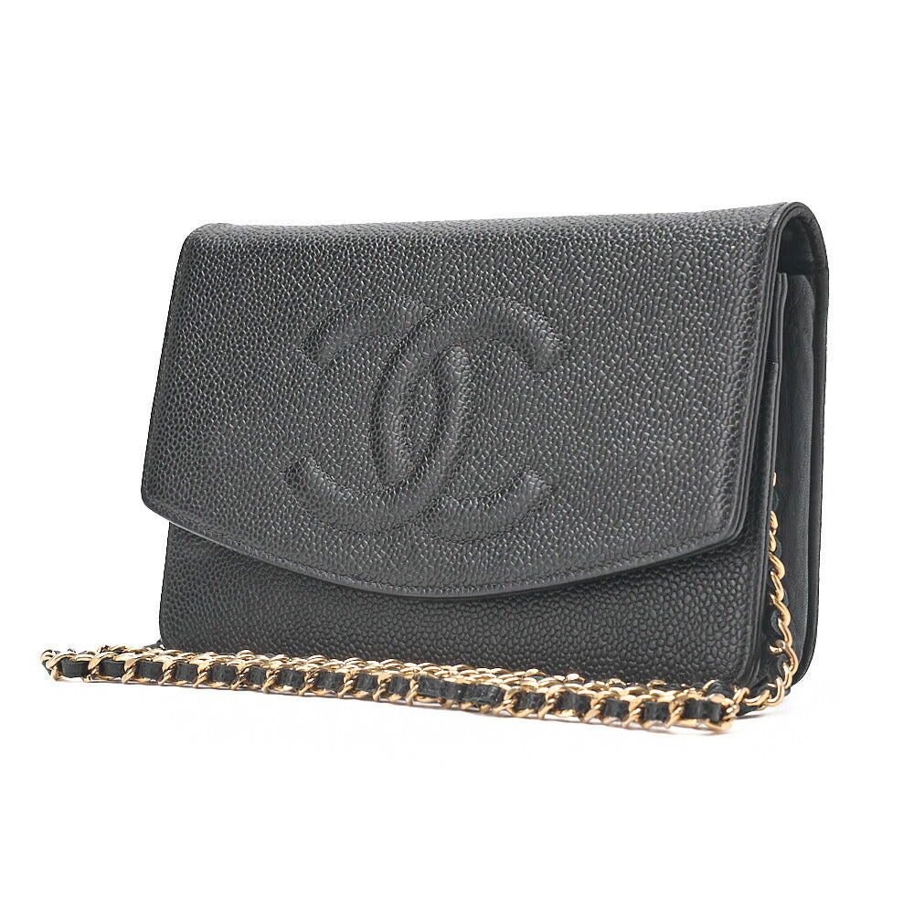 CHANEL チェーンショルダーバッグ ココマーク チェーンウォレット キャビアスキン 黒 ゴールド金具 中古品