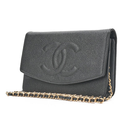 CHANEL チェーンショルダーバッグ ココマーク チェーンウォレット キャビアスキン 黒 ゴールド金具 中古品