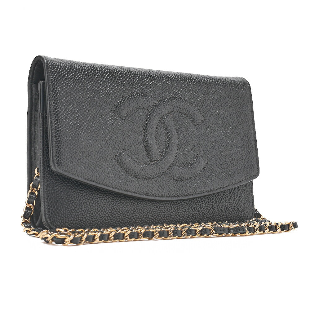 CHANEL チェーンショルダーバッグ ココマーク チェーンウォレット キャビアスキン 黒 ゴールド金具 中古品