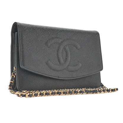 CHANEL チェーンショルダーバッグ ココマーク チェーンウォレット キャビアスキン 黒 ゴールド金具 中古品