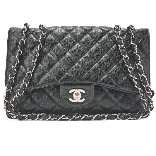CHANEL Caviar Skin Deca Matelasse 30cm Single Flap Chain Shoulder Bag Black Silver-Tone Hardware, Pre-Owned