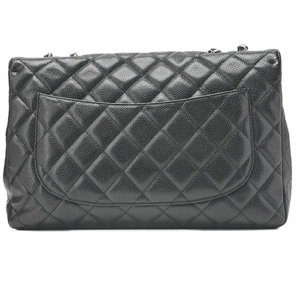シャネル キャビアスキン デカマトラッセ 30cm シングルフラップ チェーンショルダーバッグ ブラック シルバー金具 中古品