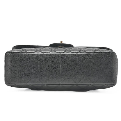 シャネル キャビアスキン デカマトラッセ 30cm シングルフラップ チェーンショルダーバッグ ブラック シルバー金具 中古品