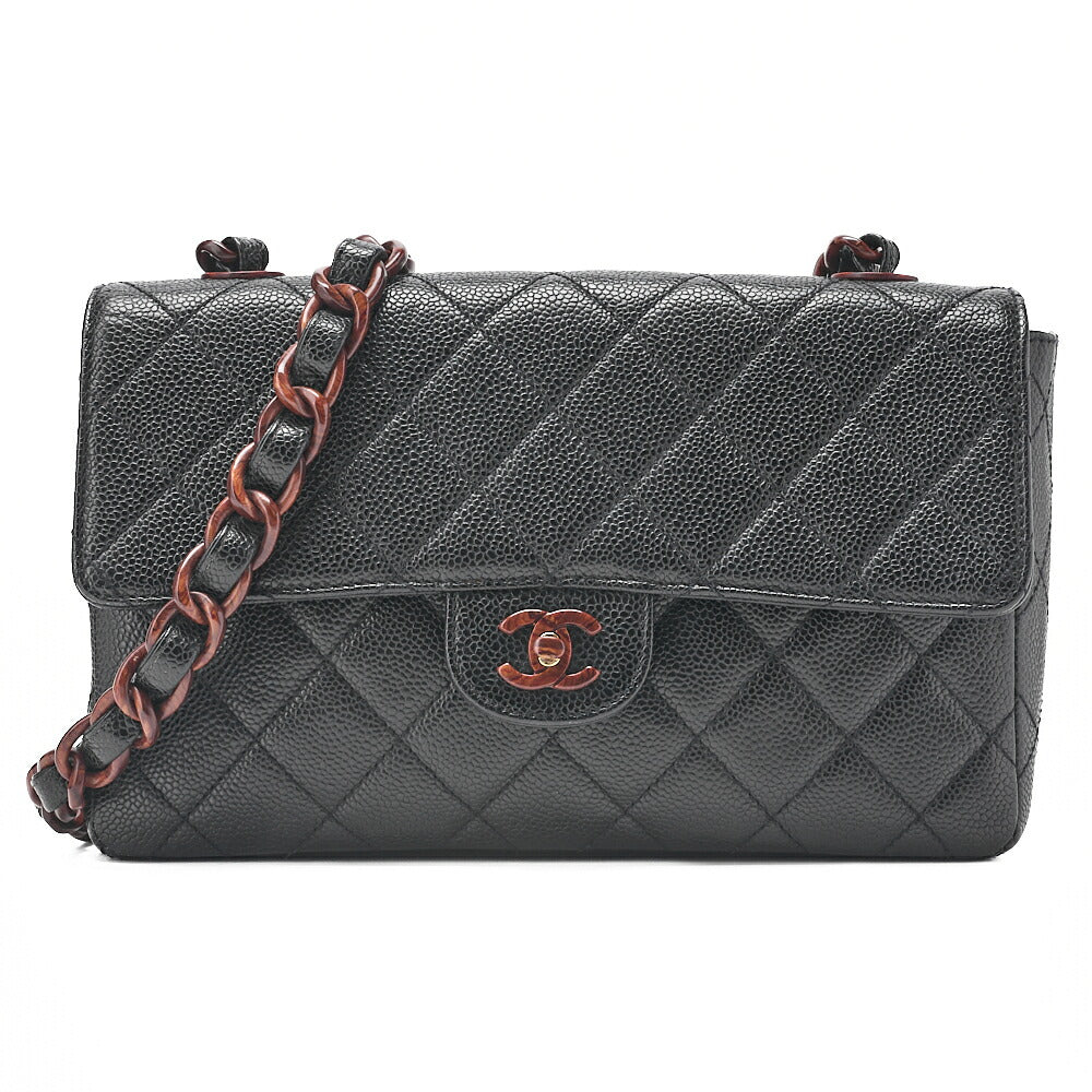 CHANEL ウッドチェーン ショルダーバッグ キャビアスキン 木目調 シングル ブラック 金具ゴールド 中古