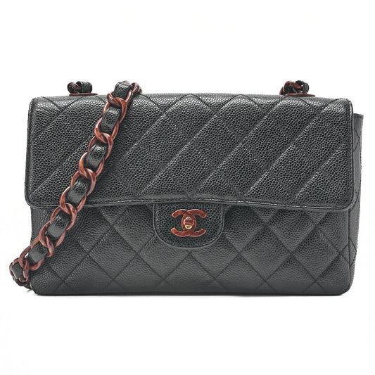 CHANEL Wood Chain Shoulder Bag Caviar Skin Wood Pattern Single Black Gold-Tone Hardware, Pre-Owned