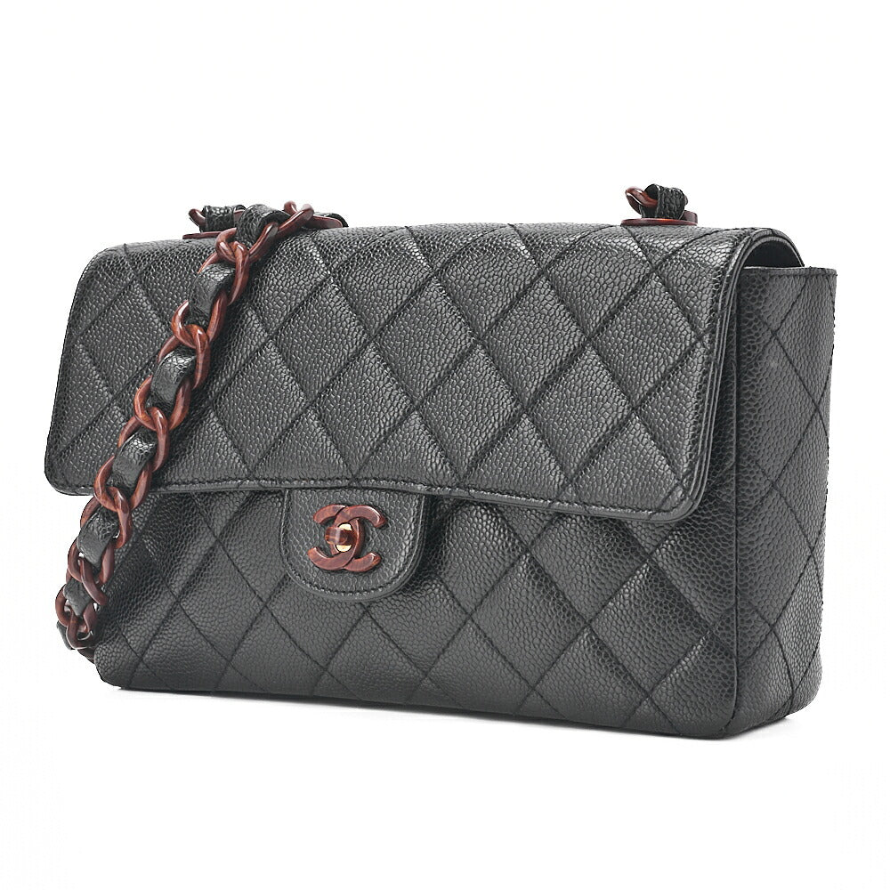 CHANEL ウッドチェーン ショルダーバッグ キャビアスキン 木目調 シングル ブラック 金具ゴールド 中古
