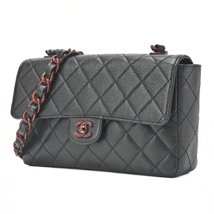 CHANEL ウッドチェーン ショルダーバッグ キャビアスキン 木目調 シングル ブラック 金具ゴールド 中古
