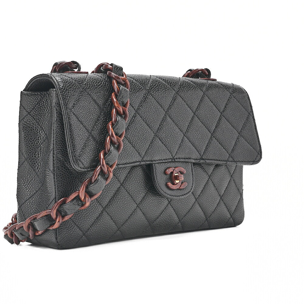 CHANEL ウッドチェーン ショルダーバッグ キャビアスキン 木目調 シングル ブラック 金具ゴールド 中古