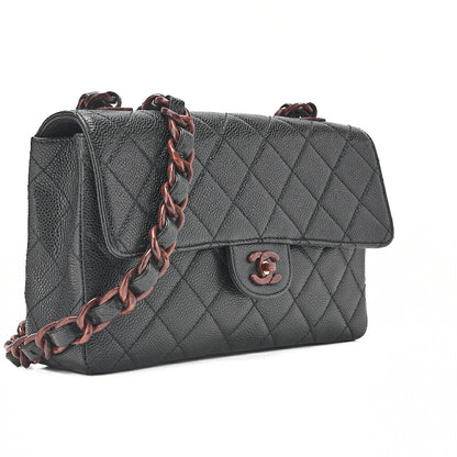CHANEL ウッドチェーン ショルダーバッグ キャビアスキン 木目調 シングル ブラック 金具ゴールド 中古