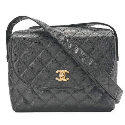 CHANEL マトラッセ ラウンドフラップ ターンロック ショルダーバッグ キャビアスキン 黒 ゴールド金具 中古