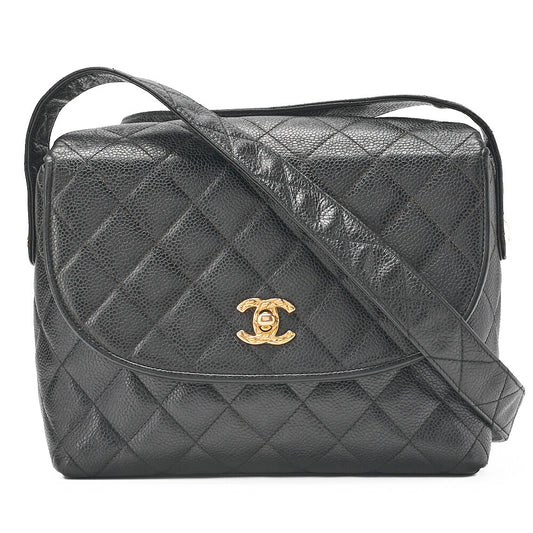 CHANEL Matelasse Round Flap Turnlock Shoulder Caviar Skin Black Gold-Tone Hardware, Pre-Owned