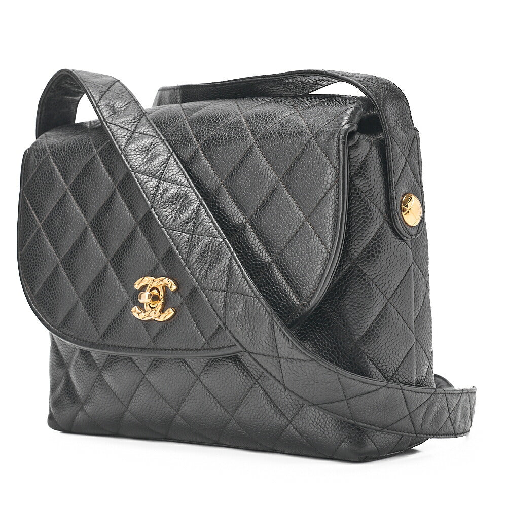 CHANEL マトラッセ ラウンドフラップ ターンロック ショルダーバッグ キャビアスキン 黒 ゴールド金具 中古