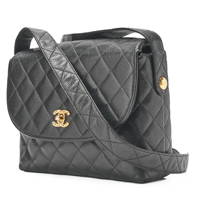 CHANEL マトラッセ ラウンドフラップ ターンロック ショルダーバッグ キャビアスキン 黒 ゴールド金具 中古