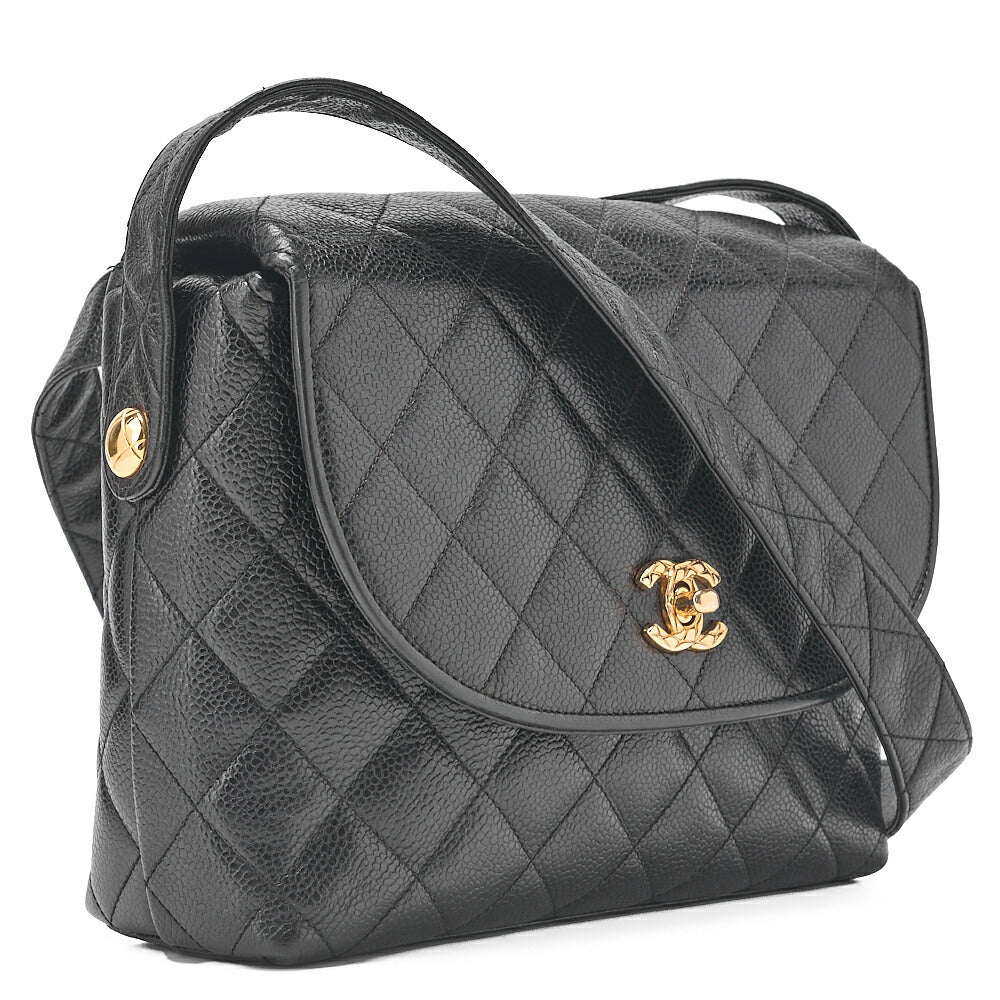 CHANEL マトラッセ ラウンドフラップ ターンロック ショルダーバッグ キャビアスキン 黒 ゴールド金具 中古