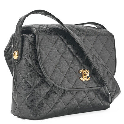 CHANEL マトラッセ ラウンドフラップ ターンロック ショルダーバッグ キャビアスキン 黒 ゴールド金具 中古