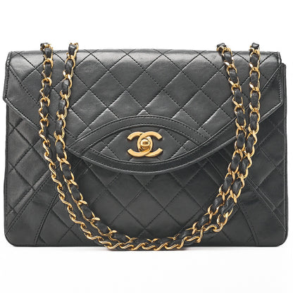CHANEL Matelasse Turnlock Design Flap Chain Shoulder Bag Lambskin Black Gold-Tone Hardware, Pre-Owned