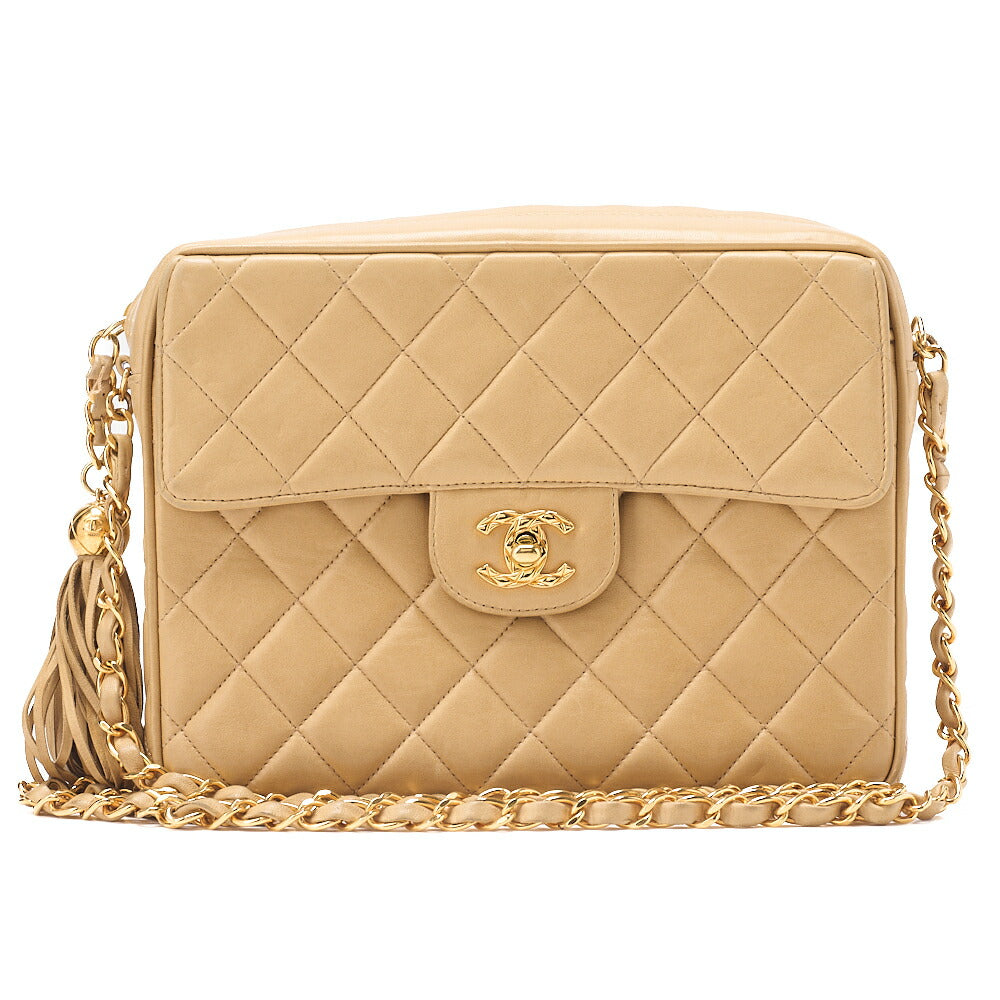 CHANEL Matelasse Outside Flap Fringe Chain Shoulder Lambskin Beige Gold-Tone Hardware, Pre-Owned