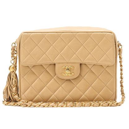 CHANEL Matelasse Outside Flap Fringe Chain Shoulder Lambskin Beige Gold-Tone Hardware, Pre-Owned