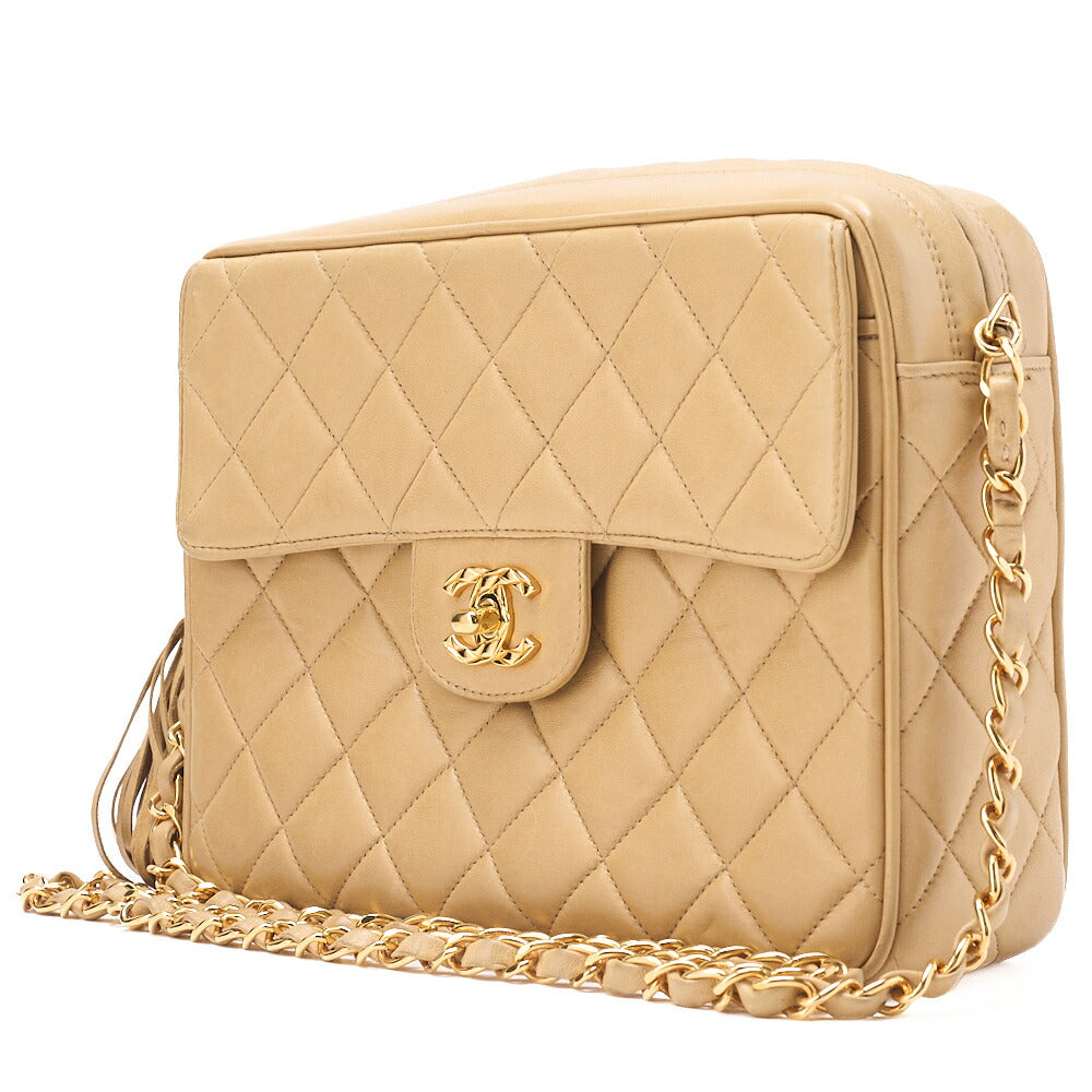 CHANEL Matelasse Outside Flap Fringe Chain Shoulder Lambskin Beige Gold-Tone Hardware, Pre-Owned