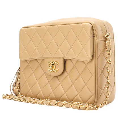 CHANEL Matelasse Outside Flap Fringe Chain Shoulder Lambskin Beige Gold-Tone Hardware, Pre-Owned