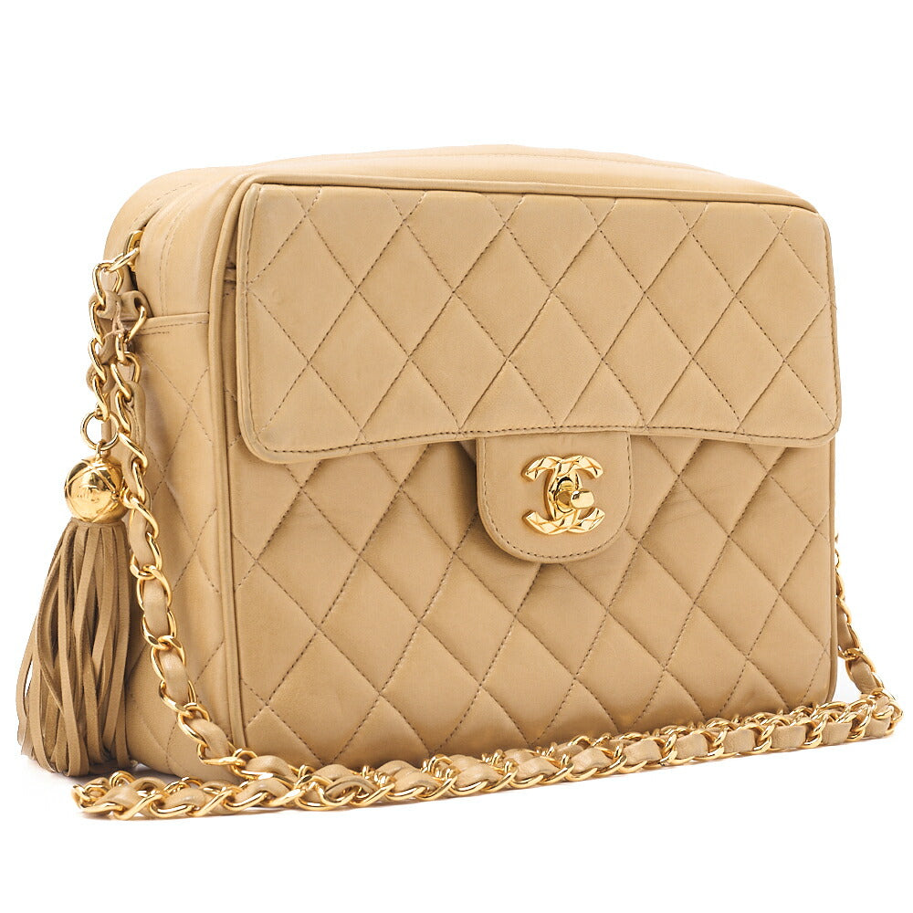 CHANEL Matelasse Outside Flap Fringe Chain Shoulder Lambskin Beige Gold-Tone Hardware, Pre-Owned