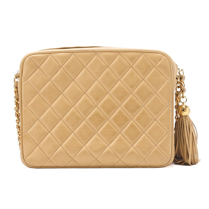 CHANEL Matelasse Outside Flap Fringe Chain Shoulder Lambskin Beige Gold-Tone Hardware, Pre-Owned