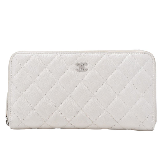 CHANEL Matlasse Round Long Wallet Caviar Skin White Silver-Tone Hardware, Pre-Owned
