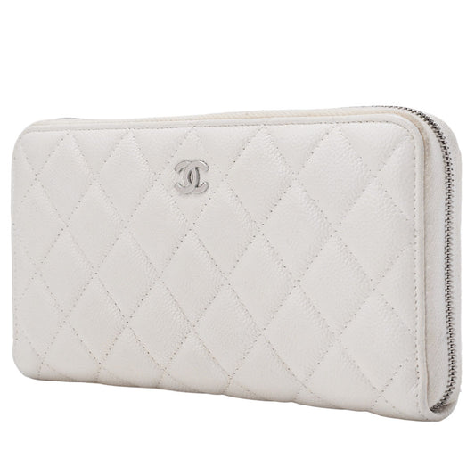 CHANEL Matlasse Round Long Wallet Caviar Skin White Silver-Tone Hardware, Pre-Owned