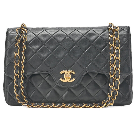 CHANEL Matelasse Wave Flap Double Flap 25cm Chain Shoulder Lambskin Black Gold-Tone Hardware, Pre-Owned