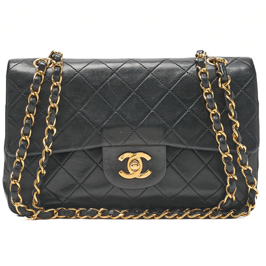 CHANEL Matelasse 23cm Double Flap Chain Shoulder Bag Lambskin Black Gold-Tone Hardware, Pre-Owned