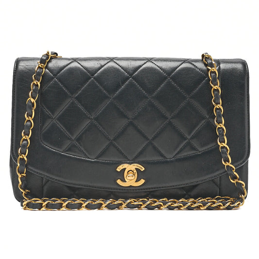 CHANEL Matelasse Diana Flap 25cm Chain Shoulder Lambskin Black Gold -Tone Hardware, Pre-Owned