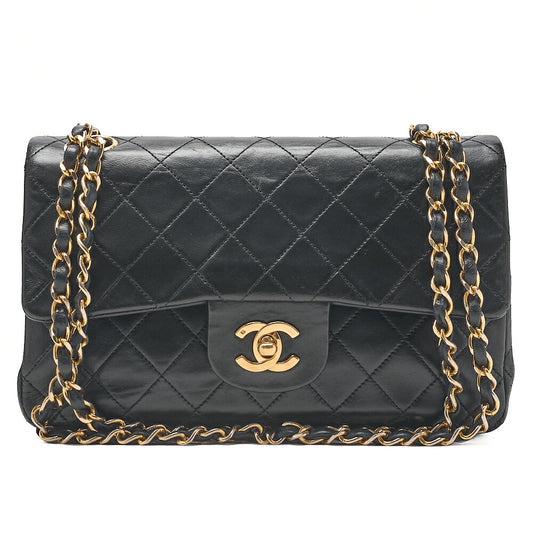CHANEL Matlasse 23cm Double Flap Chain Shoulder Bag Lambskin Black Gold-Tone Hardware, Pre-Owned