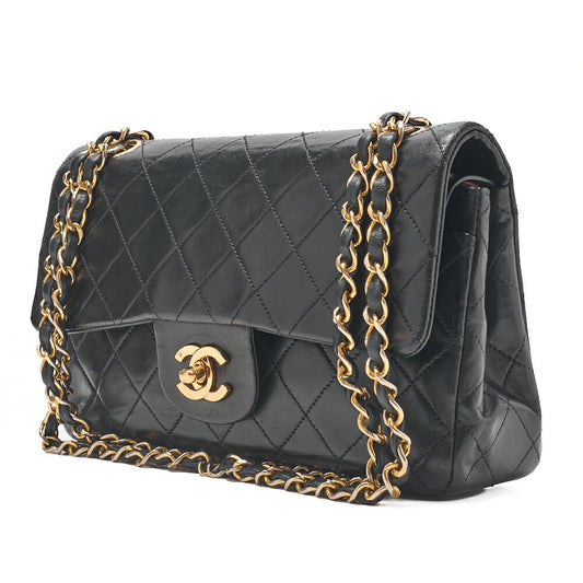 CHANEL Matlasse 23cm Double Flap Chain Shoulder Bag Lambskin Black Gold-Tone Hardware, Pre-Owned