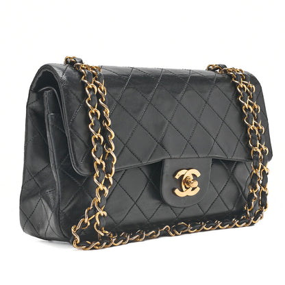 CHANEL Matlasse 23cm Double Flap Chain Shoulder Bag Lambskin Black Gold-Tone Hardware, Pre-Owned