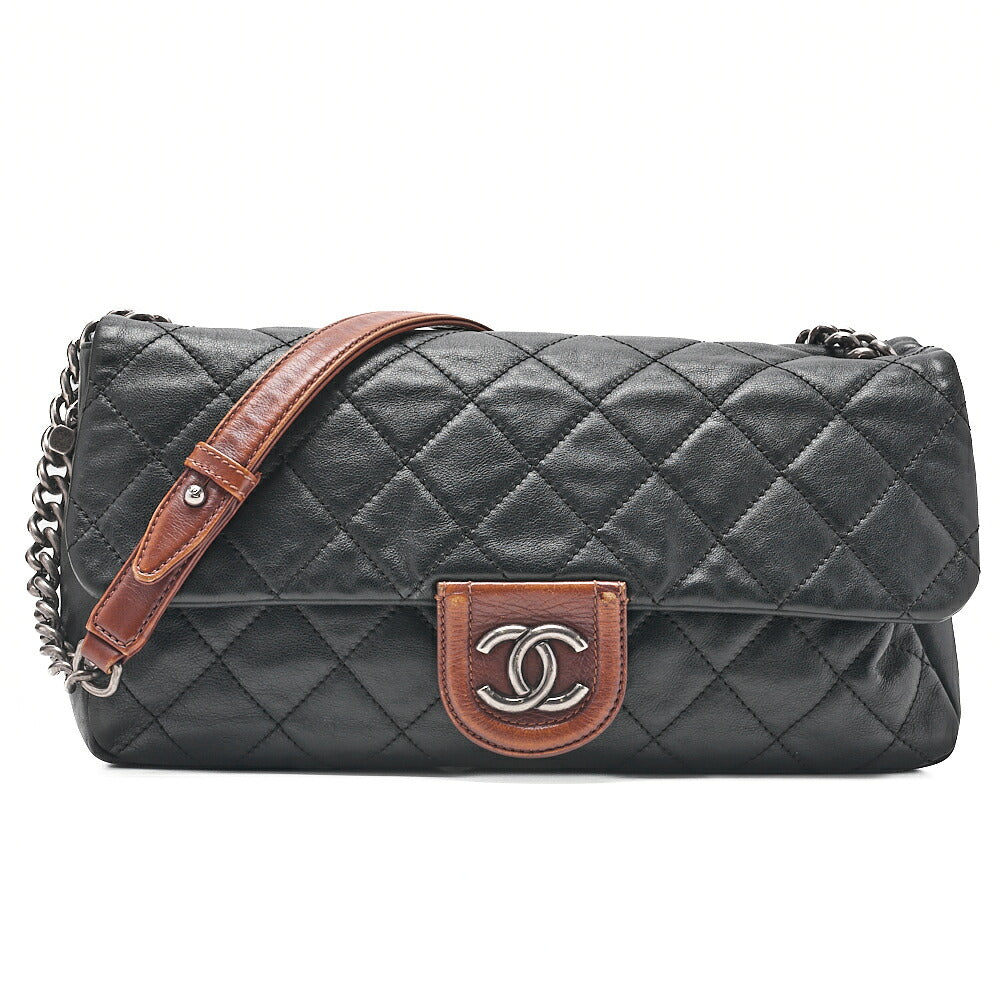 CHANEL Lambskin �~ Leather Matrasse Single Chain Shoulder Black �~ Brown Silver-Tone Hardware, Pre-Owned