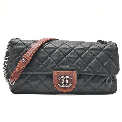 CHANEL Lambskin �~ Leather Matrasse Single Chain Shoulder Black �~ Brown Silver-Tone Hardware, Pre-Owned