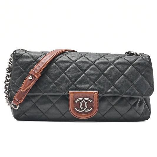 CHANEL Lambskin �~ Leather Matrasse Single Chain Shoulder Black �~ Brown Silver-Tone Hardware, Pre-Owned