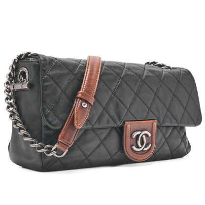 CHANEL Lambskin �~ Leather Matrasse Single Chain Shoulder Black �~ Brown Silver-Tone Hardware, Pre-Owned