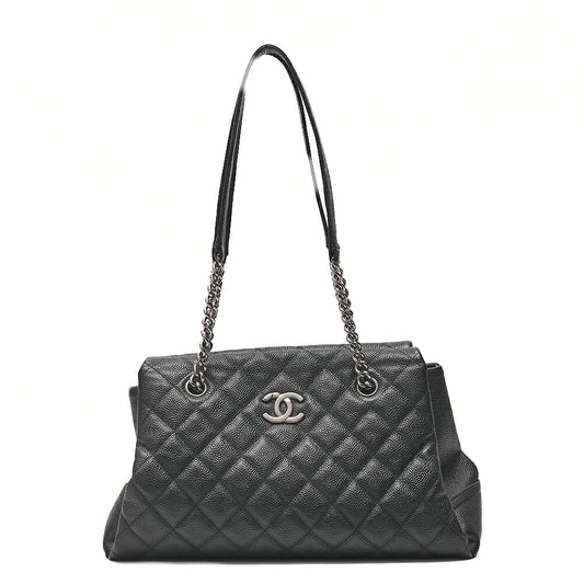 CHANEL Caviar Skin Coco Mark Chain Tote Bag Black Silver-Tone Hardware, Pre-Owned