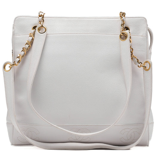 CHANEL Caviar Skin Triple Coco W Chain Shoulder White Gold-Tone Hardware, Pre-Owned