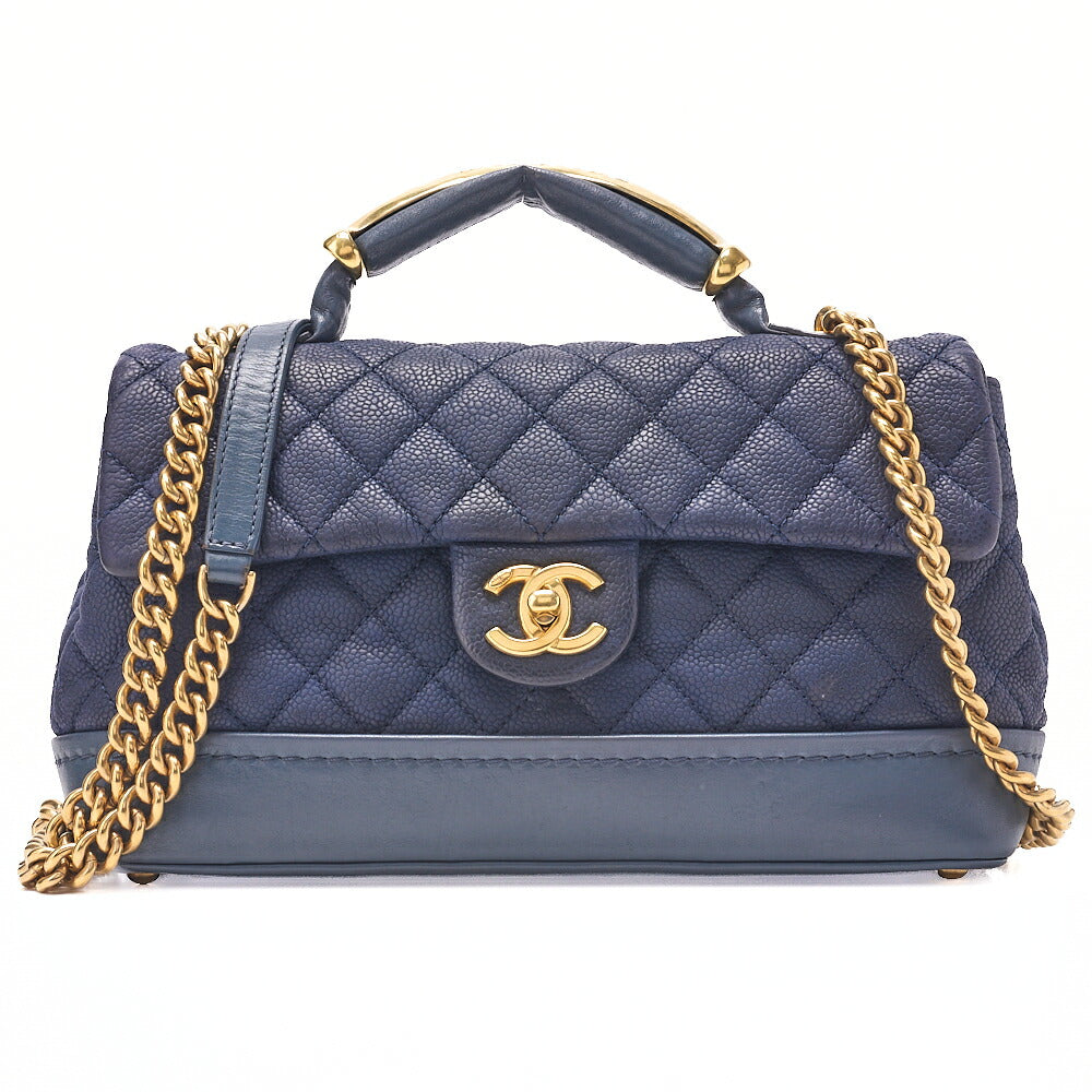 CHANEL Chain Shoulder Bag Matelasse Turnlock 2-Way Shoulder Bag Caviar Skin Navy Gold-Tone Hardware, Pre-Owned